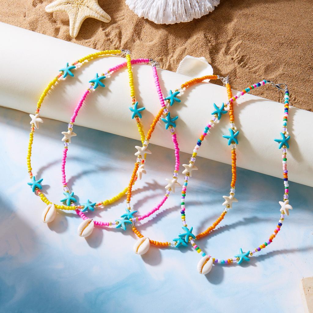 Bohemian Colorful Rice Beads Necklace for Women Sea Shell Starfish Pendant Clavicle Choker Summer Beach Party Charm Jewelry Gift