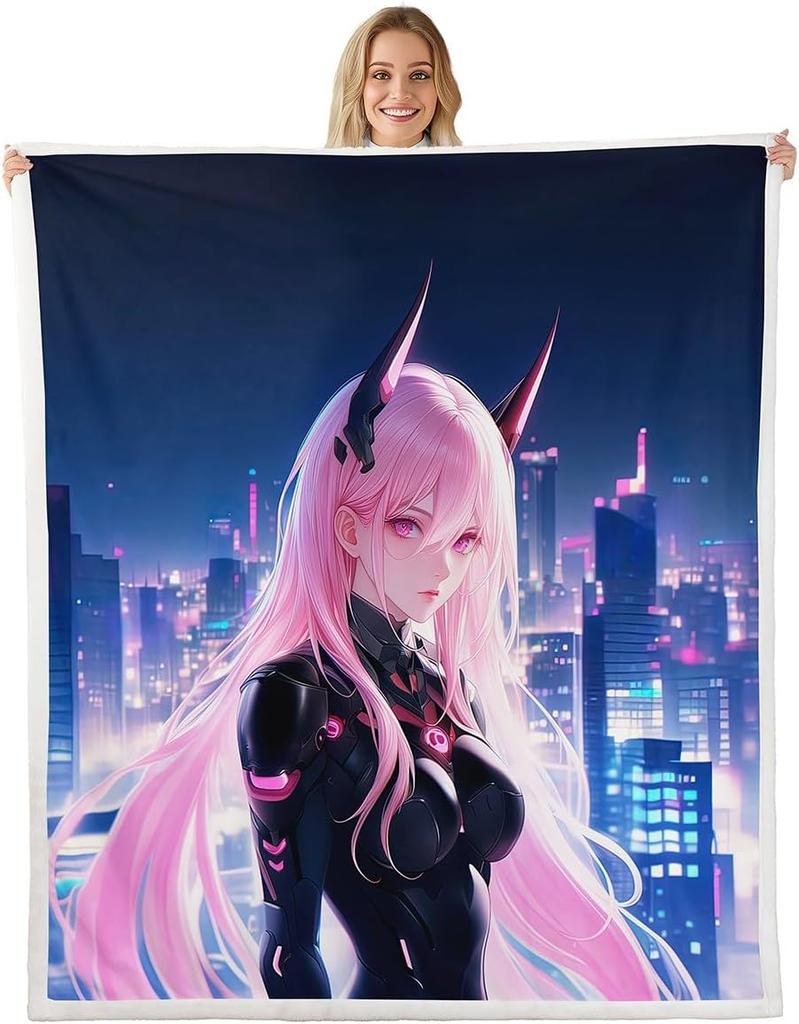 GUOYU Blanket Throw Size Japanese Anime Fleece Sherpa Blanket for Kids Anime Girl Japanese Style Throw Blanket Cartoon Japan Animation Bed