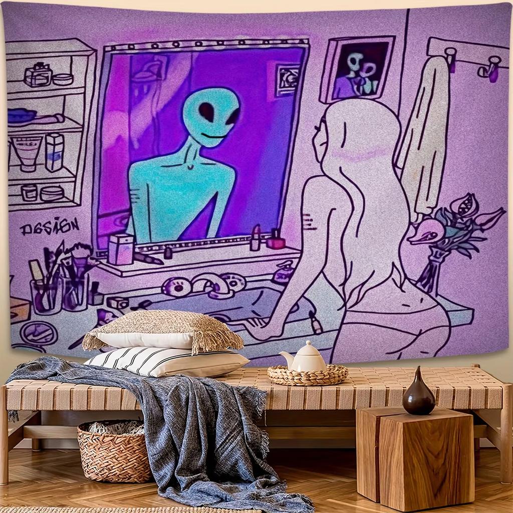 Washable MultiUse Home Accent Halloween Alien Design Tapestry for Living Room Dorm Seasonal Decor