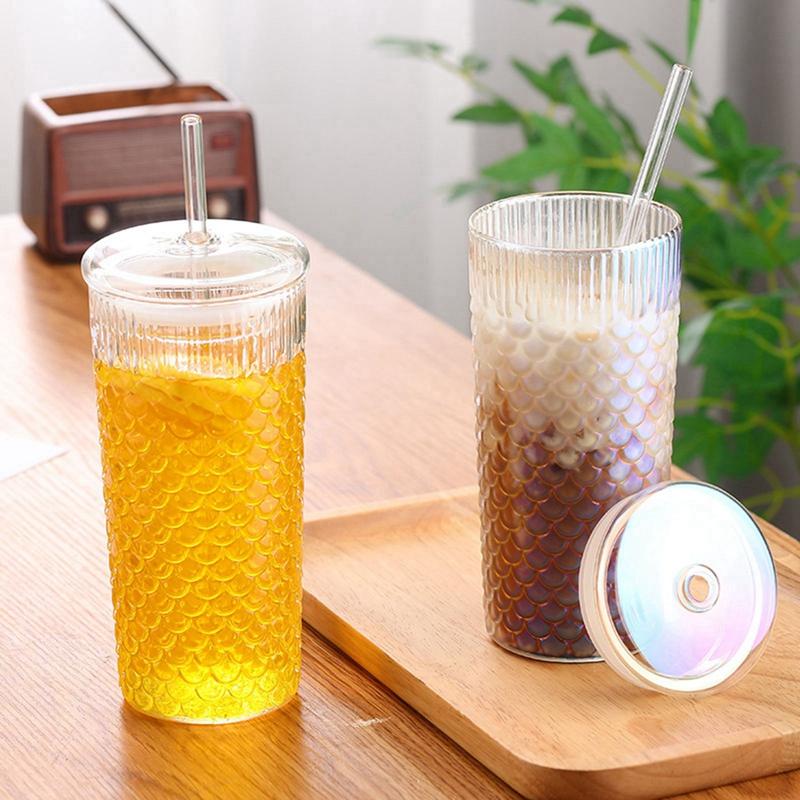Fish Scale Pattern Non-slip Glass Straw Cup Glass Cups with Lids and Straws Ripple Glassware For Hot and Cold Drinks
