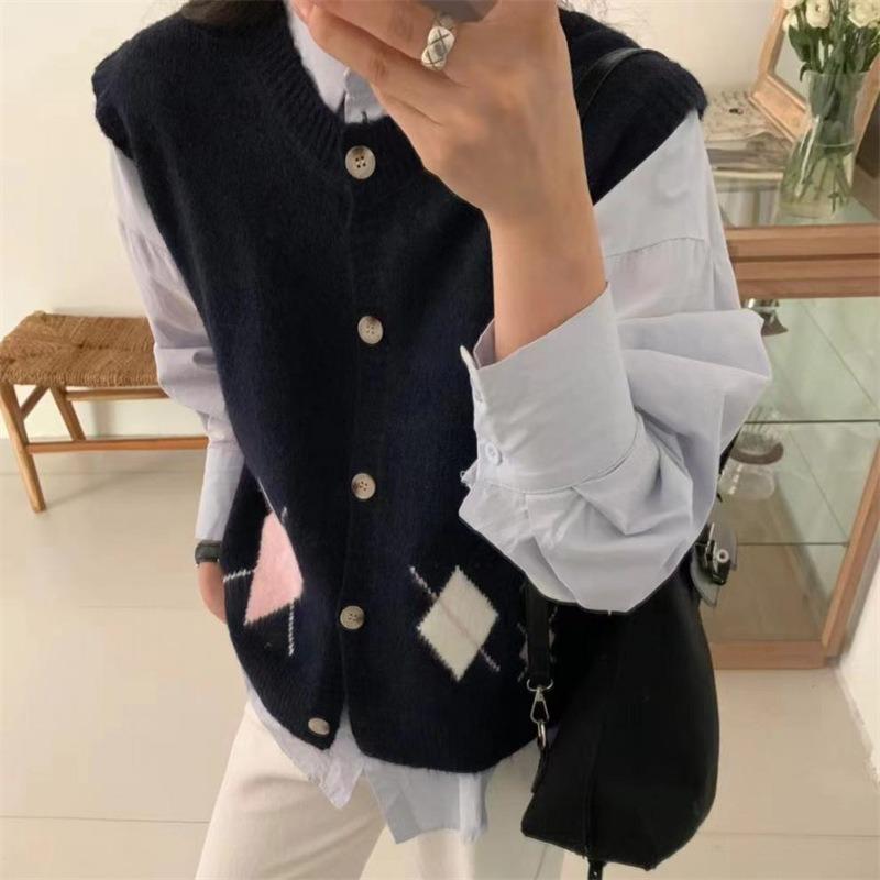 

Women s Knitted Vest Spring and Autumn Diamond Grid Knitted Vest Women s Loose Sweater Vest Top S Темно-синій