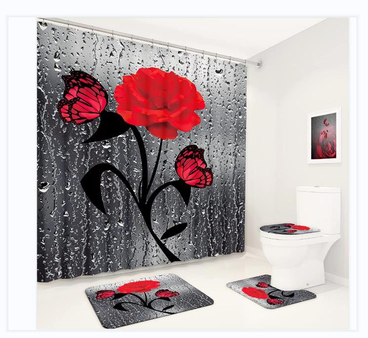

4 в 1 набор аксессуаров для ванной комнаты, занавеска для душа с цифровой печатью, противоскользящий коврик для пола, чехол для унитаза, водонепроницаемое цветочное украшение