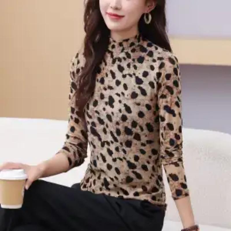 Autumn Women's Leopard Print Turtleneck Top Casual Slim Fit Long Sleeve Bottoming Shirt