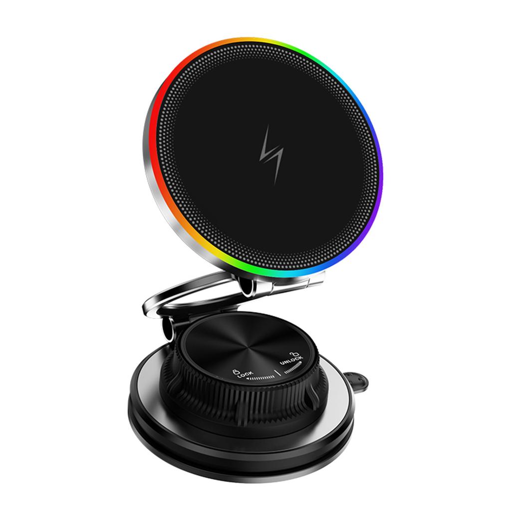 Magnetic Wireless Phone Holder, 15W Fast Charging with Suction Cup and Ambient Light, Multi Angle Adjustable Mount for