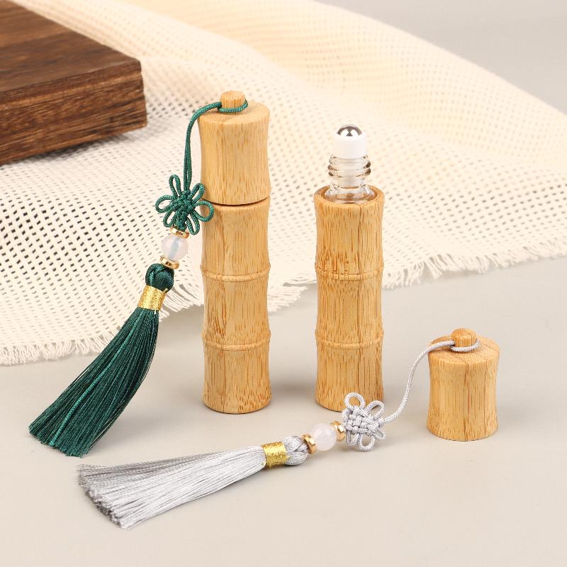 10ml Bamboo Roll-on Bottle – Refillable Container with Steel Roller Ball and Tassel for DIY Perfume or Lip Gloss
