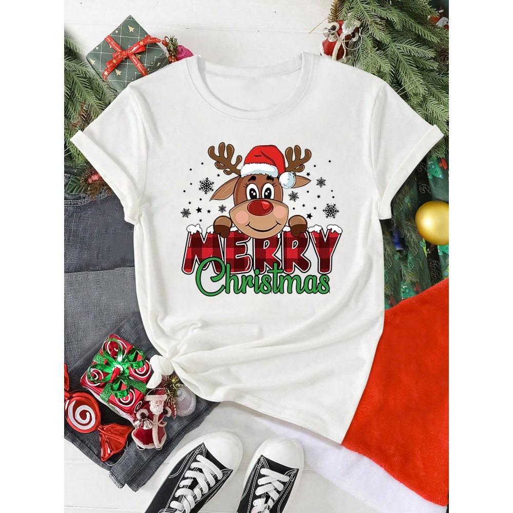 Frohe Weihnachten Niedlicher Rentier-Print Damen Lässige Kurzarm O-Ausschnitt T-Shirts Damen Weihnachtsfeier Oberteile