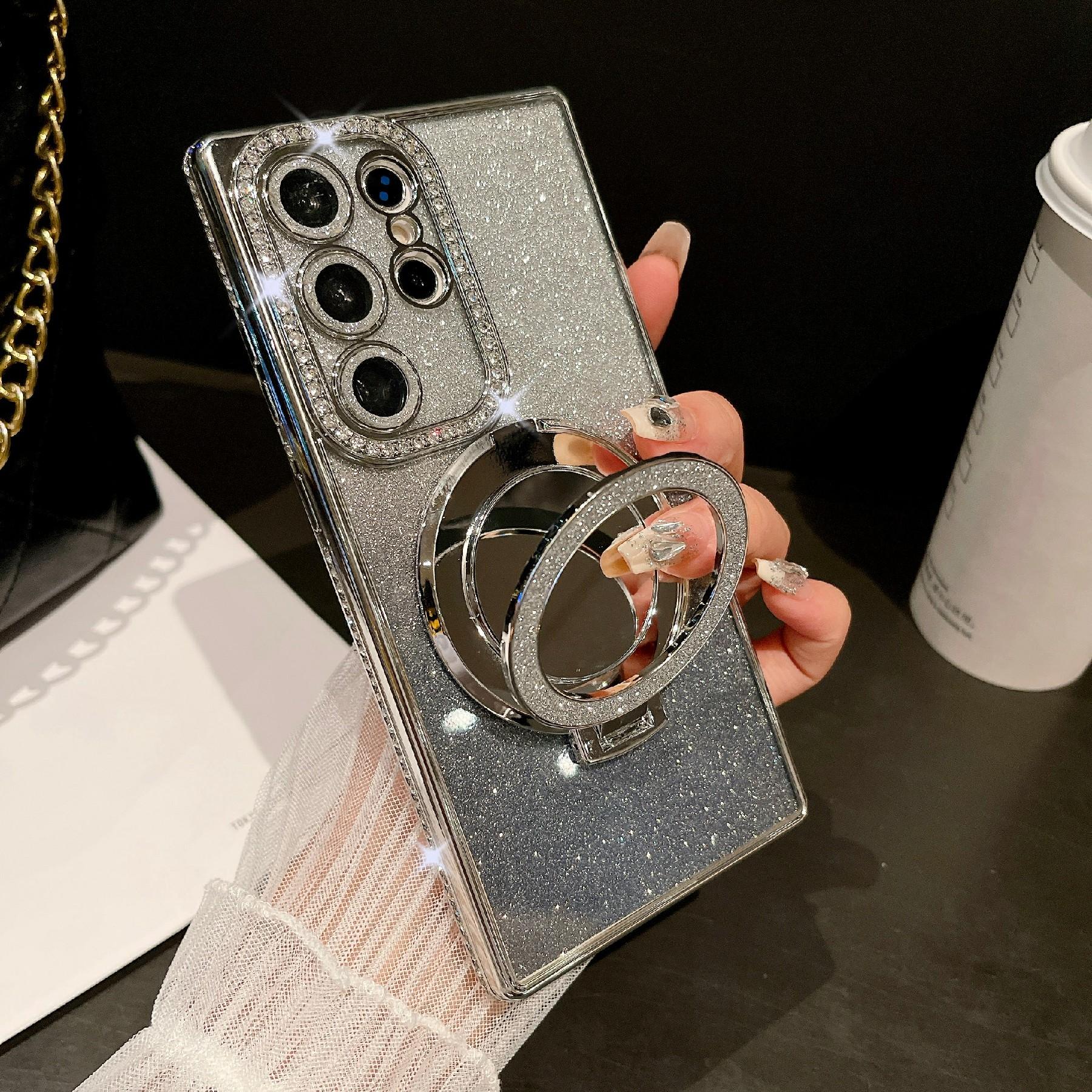 

For Samsung Galaxy S25 Ultra Case Electroplated Mirror Kickstand Back Phone Cover with Lens Film,Glitter Card Silver