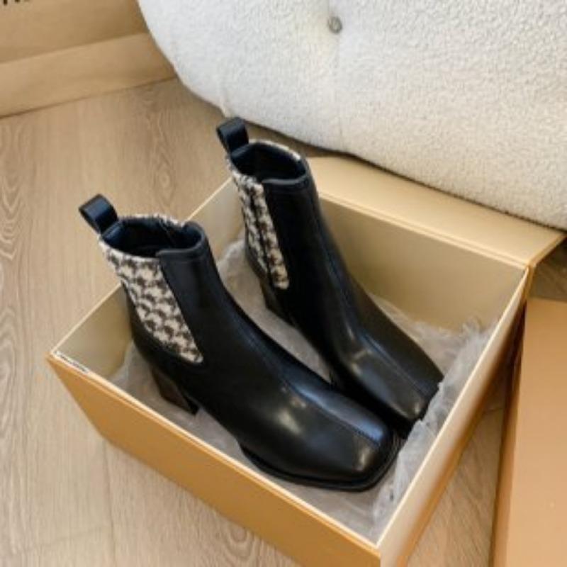 Fleece square head short boots women's winter new splicing women's leather boots mid-heel side zipper women's boots