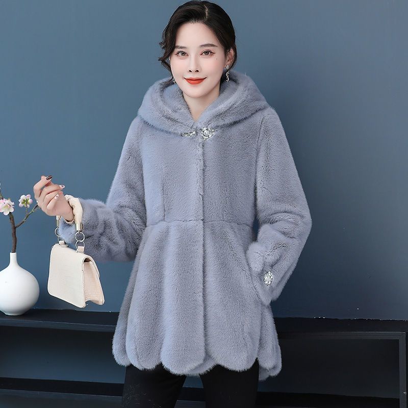 Autumn and winter new imitation mink velvet women's coat medium and long imitation fox fur coat hooded large size slim and thin