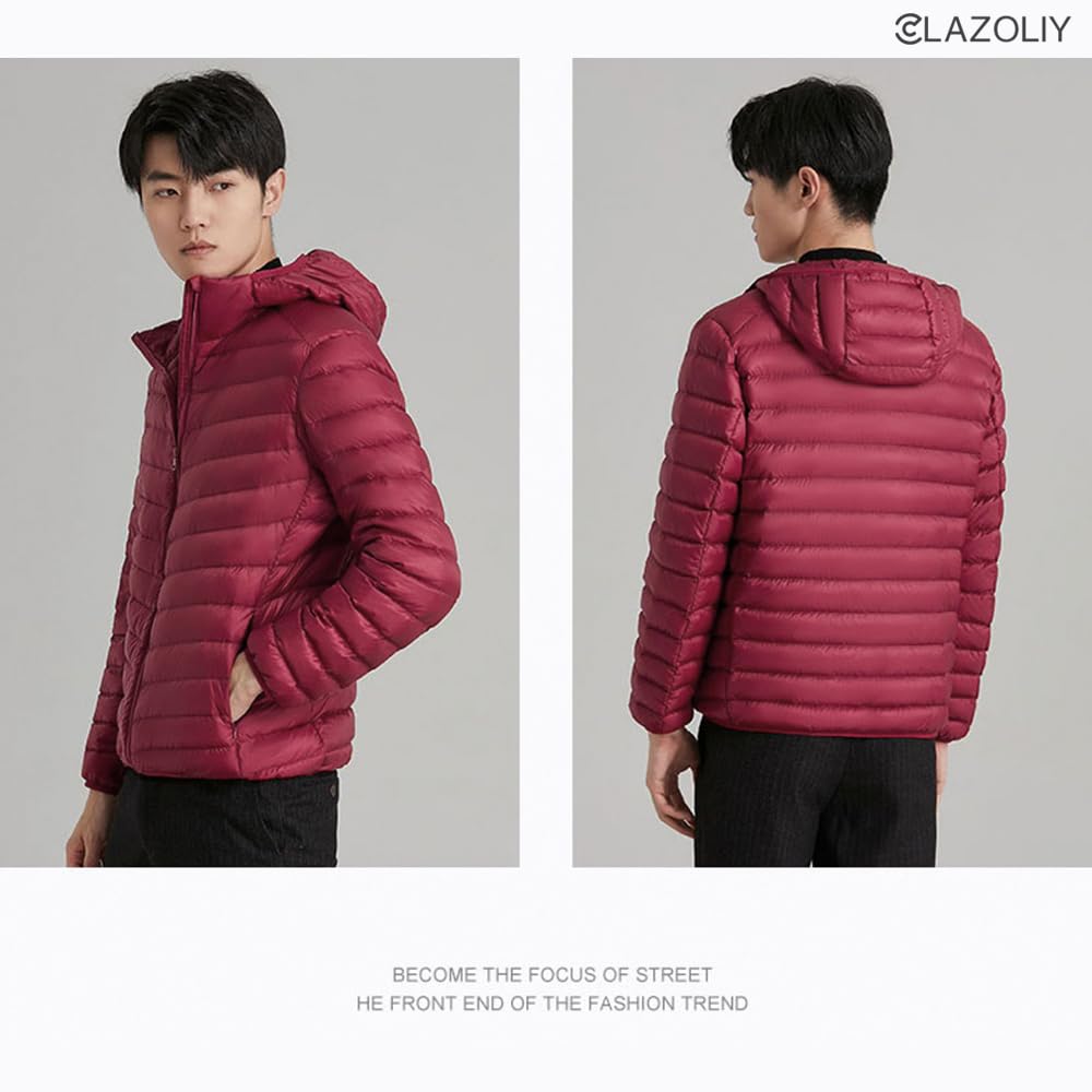 CLAZOLIY Daunenjacke mit Kapuze, Ultraleichte Daunenjacke, Leicht, Einfarbig, Warm, Kälteschutz, Aufbewahrungstasche Inklusive, CL138, Herren, Herbst/Winter (XL, Rot)