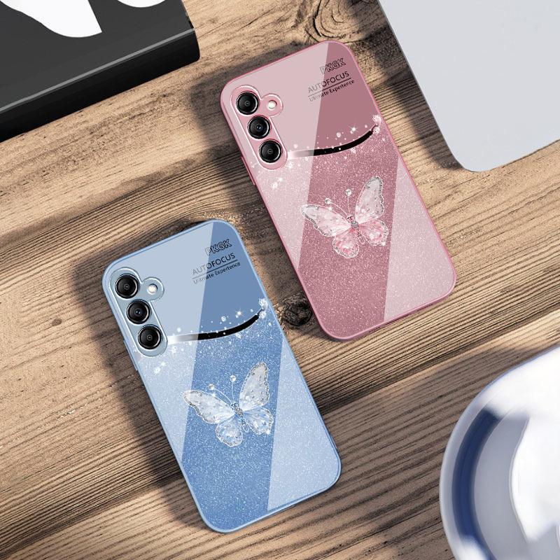 Gradient Diamond Butterfly For Samsung Galaxy A14 4G 20 30 52 20S 21S 22 32 33 34 42 50 51 53 54 70 71 72 73 5G Glass Phone Case