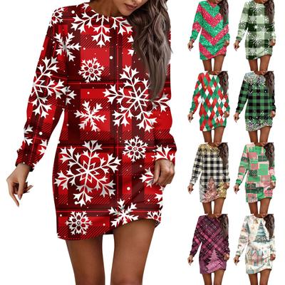 Long Sleeve Dress For Women Casual Christmas Printed Pullover Hip Pack Dress Sweater Dress Autumn