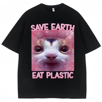 Save the Earth by Eating Plastic Cute Cat Emoji T-Shirt Womens Fashion Aesthetic T-Shirt Casual Oversized Summer Cute T-Shirt