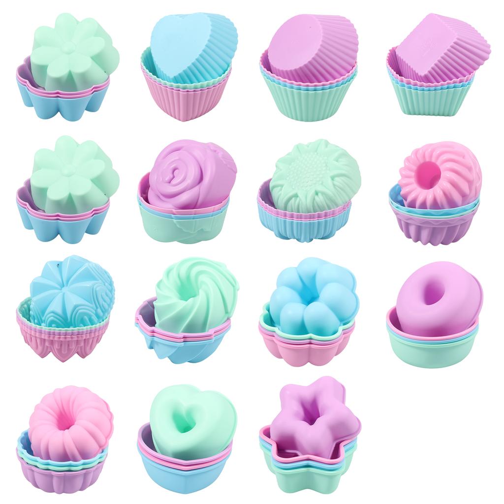 24/60 Pcs Silicone Cake Cup Assorted Shapes Baking Cups High Temperature Resistant Bagel Baking Cups for Muffin Jello Cake Tools