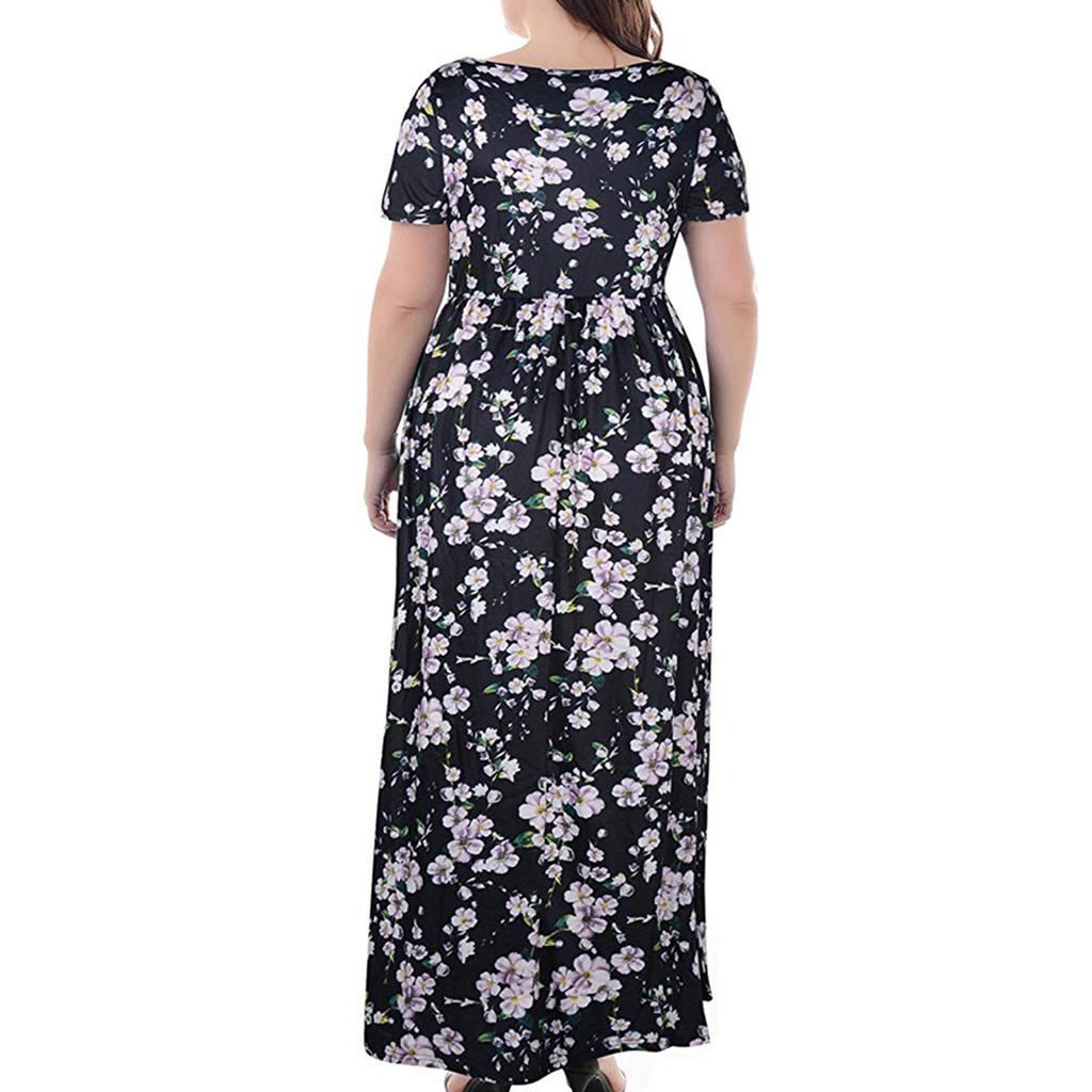Plus Size Women Casual O-Neck Summer Short Sleeve Print Loose Pocket Long Dress
