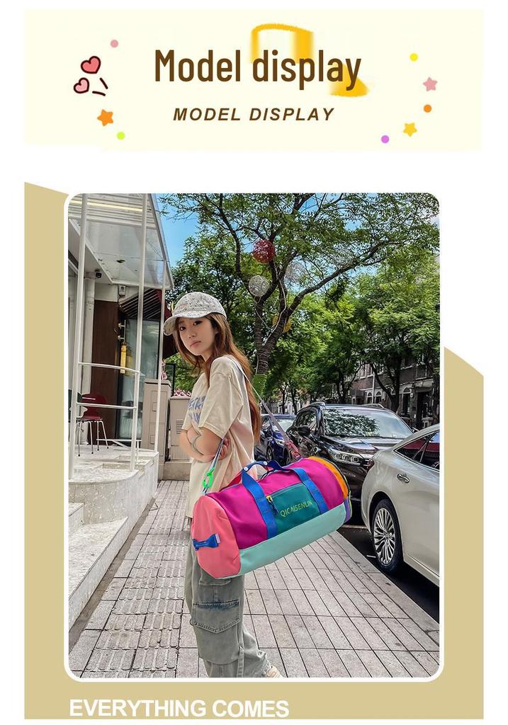 Dopamine Color Block Travel Bag - Unisex, Nylon, Foldable, Large Capacity, Handheld, Shoulder/Crossbody, Fitness Luggage