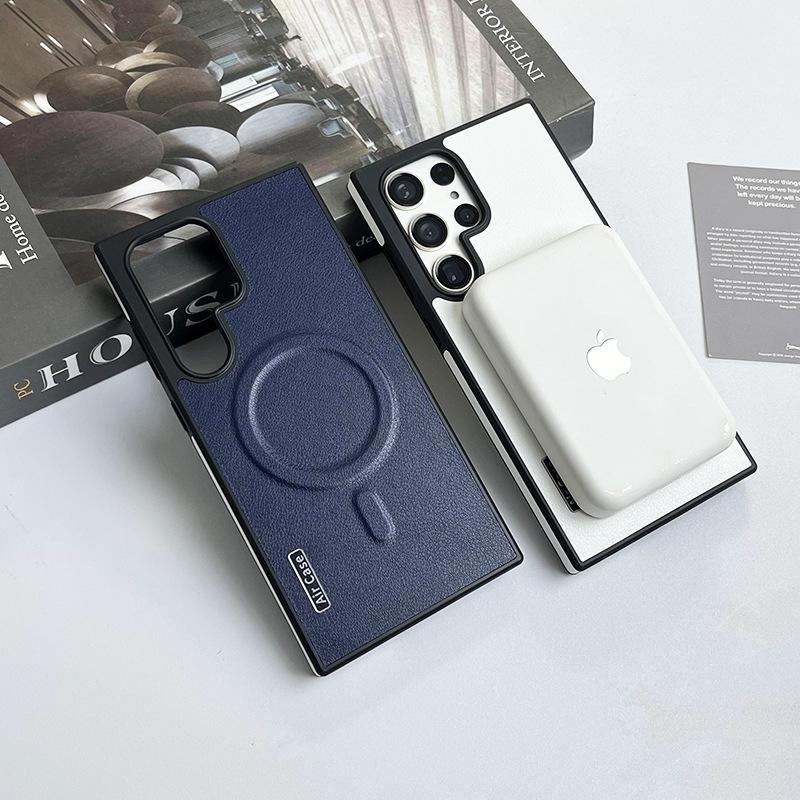 Suitable for Samsung S24 Plain Leather Mobile Phone Case MagSafe Magnetic Absorbing S25Ultra Contrast Color 22 Protective Case S24Ultra