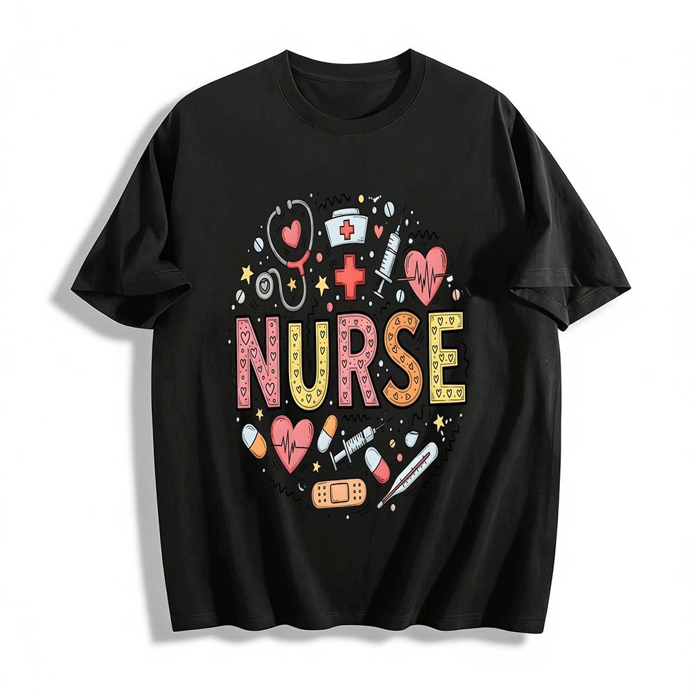 Nurse Themed Graphic Tee Medical Element Print Casual Top Pure cotton T-shirt XXS