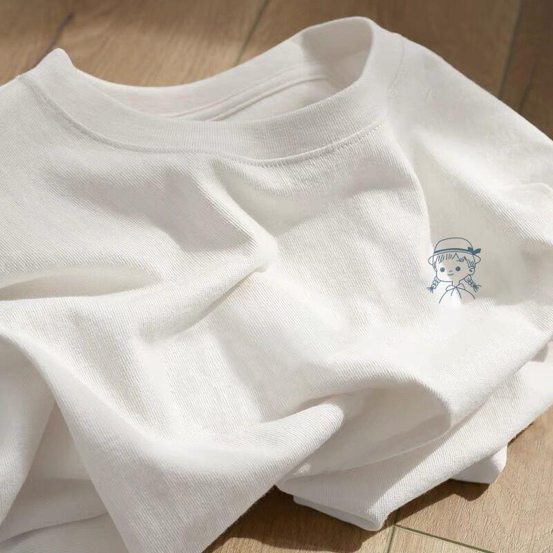 Heavy cotton cartoon print short-sleeved t-shirt women's 2025 new summer loose large size white crew neck top