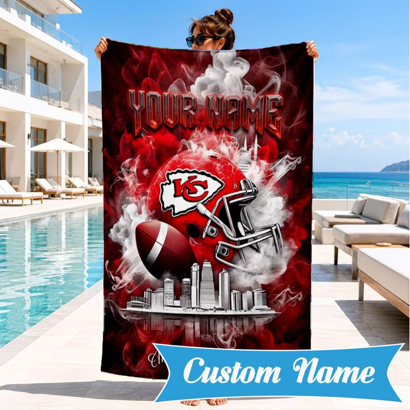 Custom Name Kansas City Chiefs Helmet Personalized Microfiber Beach Towel, Quick-Dry, Ideal for Summer Travel, Beach Essential, Swimming