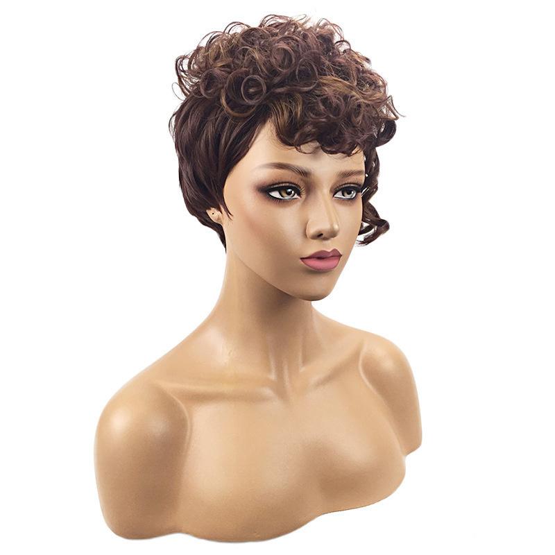 Synthetic Old Woman Wig Curly Short Haircuts Mommy Wig with Side Bangs Heat Resistant Afro Kinky Curls Casual Style Natural Wig