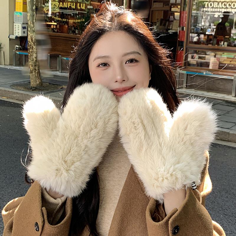 Winter Women Real Rabbit Fur Gloves Natural Thick Style Rabbit Fur Mittens Outdoor Girls Keep Warm Hand Knitted Fur Glove