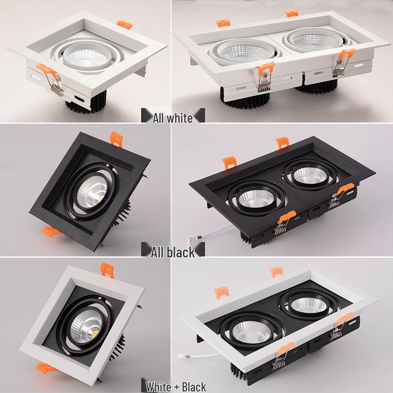 LED Double Head Spotlight: Embedded Grille, Single or Triple Head, Square Cylinder Design - Ideal for Living Room or Commercial Spaces.