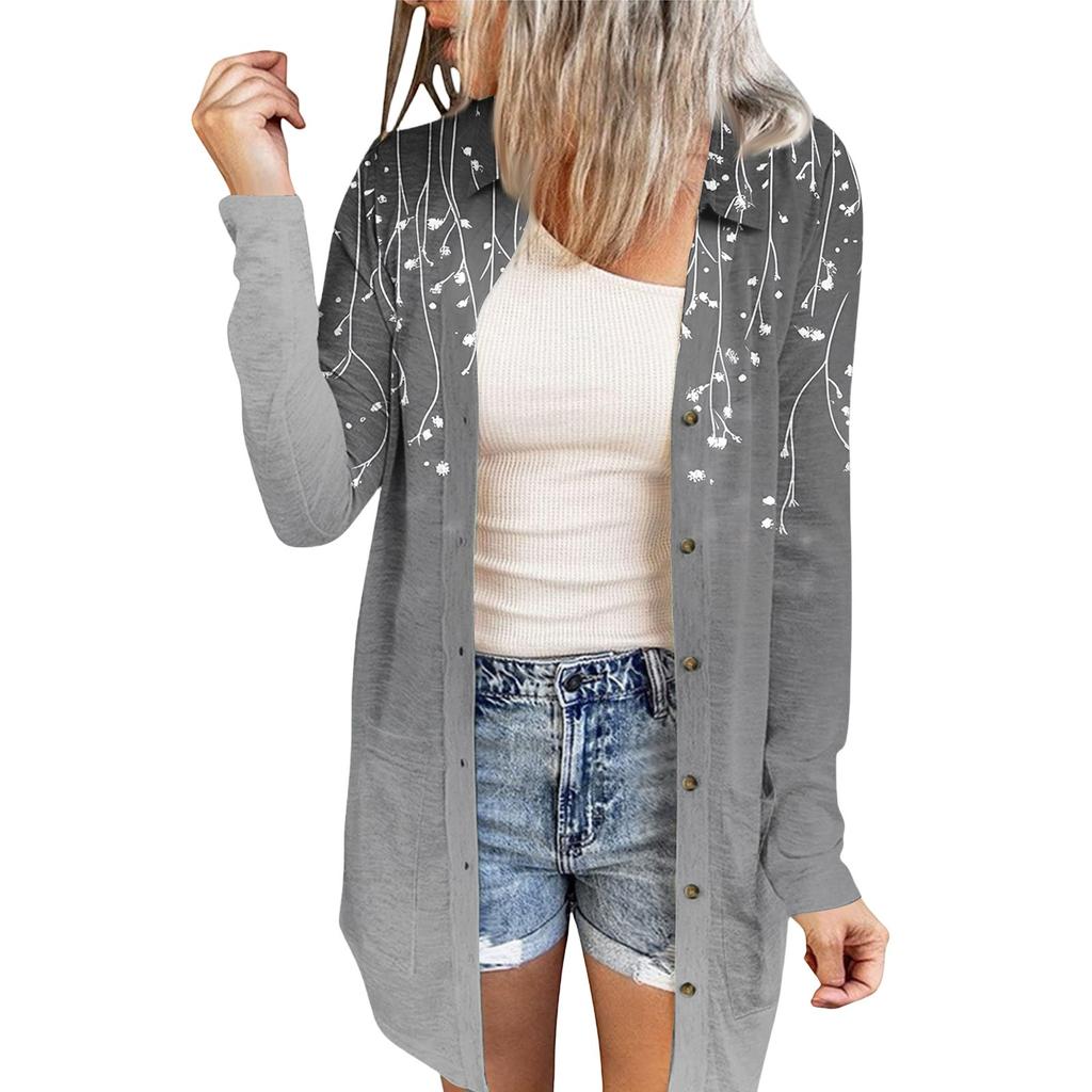 Women's Casual Fashion Floral Print Long Sleeve Mid-Length Cardigan Jacket