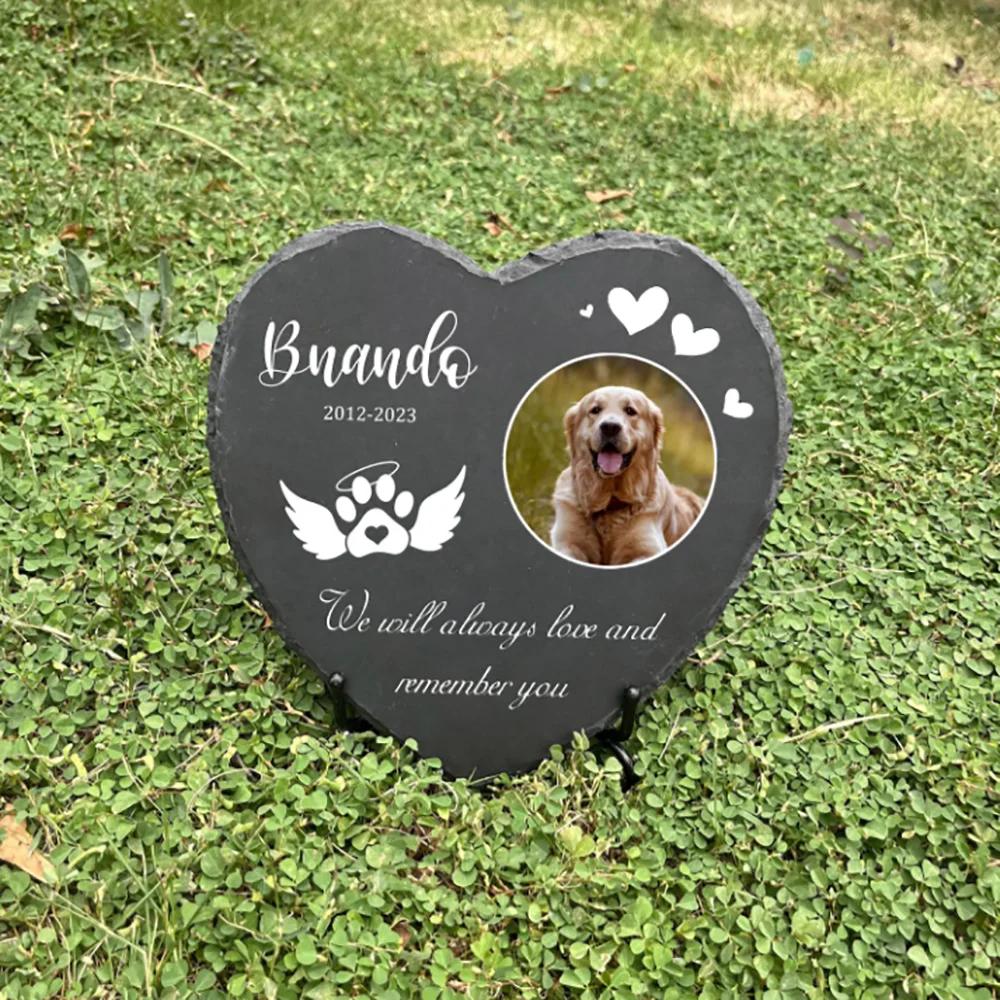 Personalisierter Haustier-Gedenkstein Benutzerdefinierte Hundegrabmarkierung Plakette mit Fotodruck und Name Gartenschiefer-Markierung