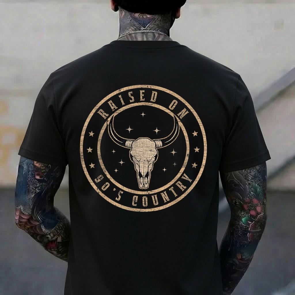 Raised On 90 s Country Vintage Bull Skull Western Country T-Shirt M