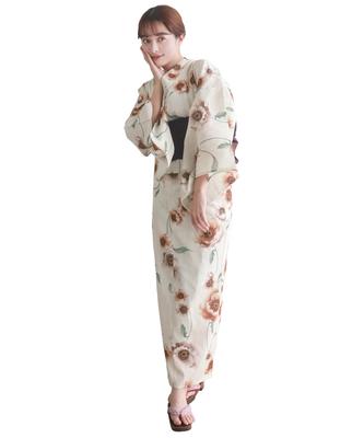 Yukata Variegated Set Size H Caramel One Size Fits [KYOETSU] Women's Set, Off-White, Weave, 2-Piece (Yukata, Obi), (2. Mousse, All)
