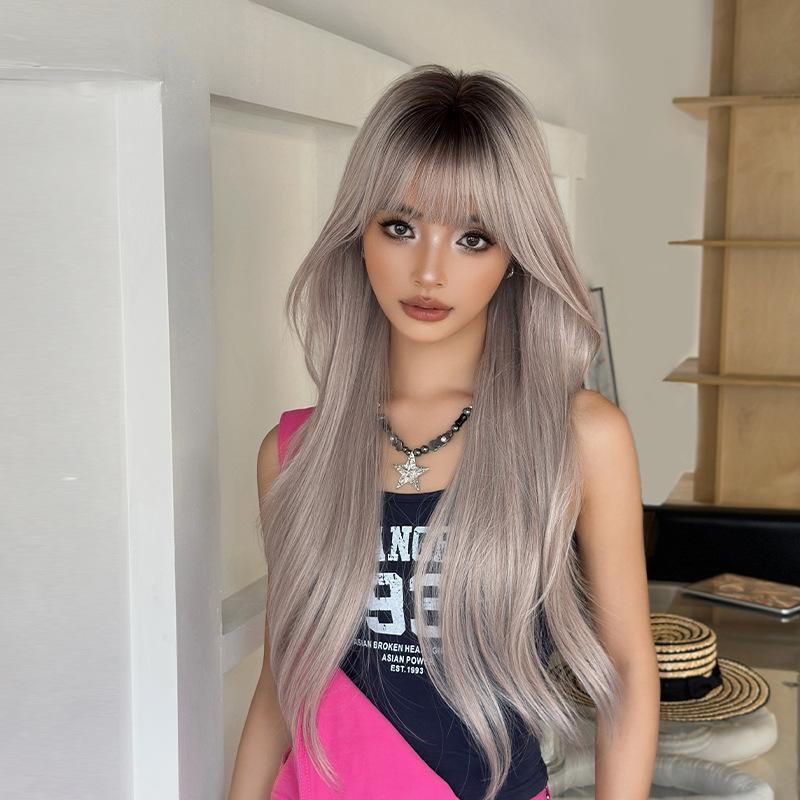 

Women’s Long Straight Wig with Top Highlights Natural Looking Elegant Synthetic Full Wig with Bangs кавовий