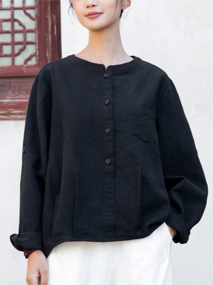 Johnature Women Vintage Ramie Shirts Tops Stand Long Sleeve Blouses Solid Color Spring Button Pockets Shirts