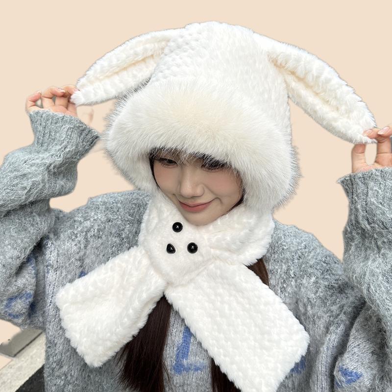 Cute Bunny Ear Plush Hat for Winter Thickened Warm Face-Flattering Ear Protection Scarf Integrated Cold Resistant Hat