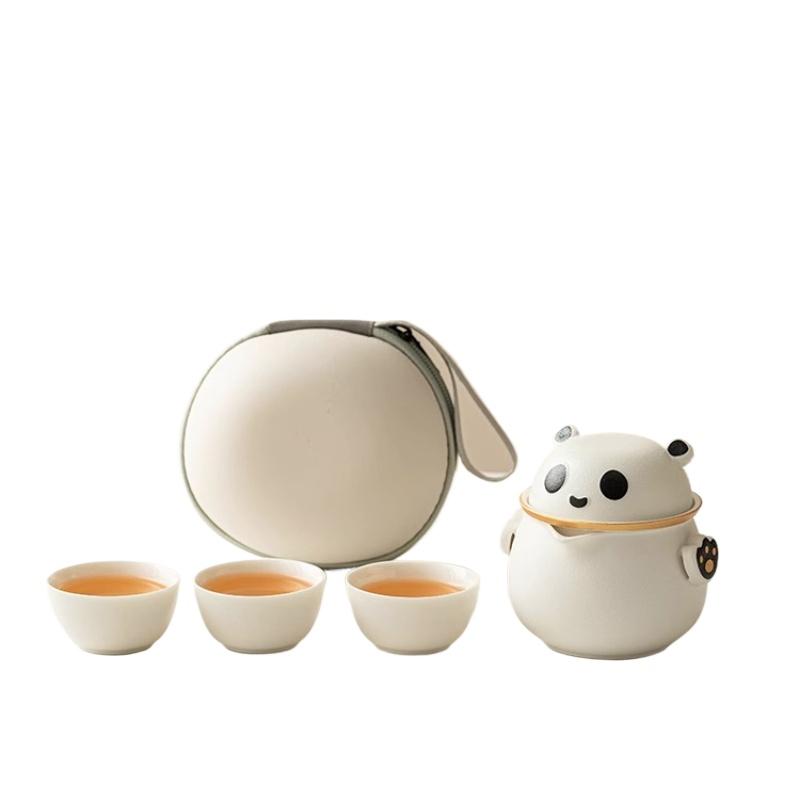 Panda Outdoor Travel Tea Set Chinese Ceramic Teapot Teacup Portable One Pot Three Cups
