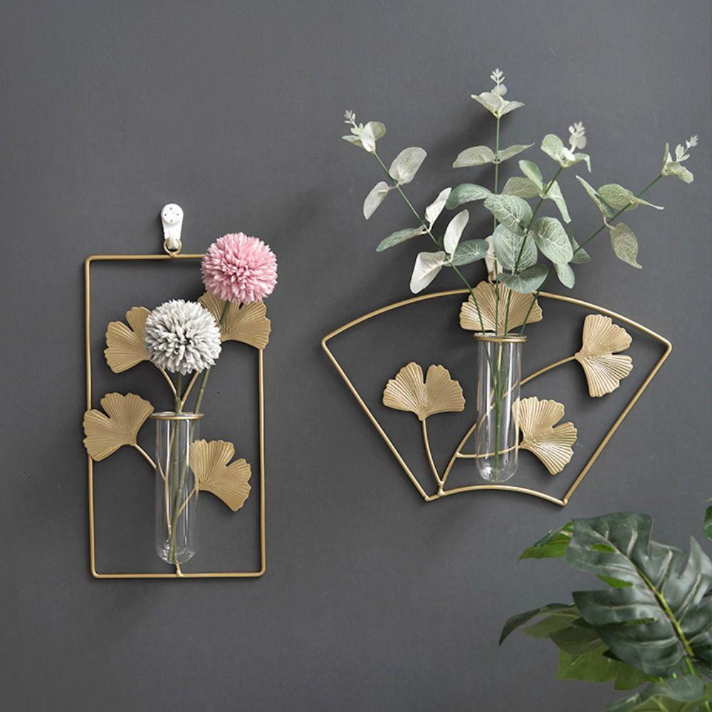 Test Tube Iron Ginkgo Wall Hanging Vase Flower Storage Rack Hanging Planter  Home/Office Decor