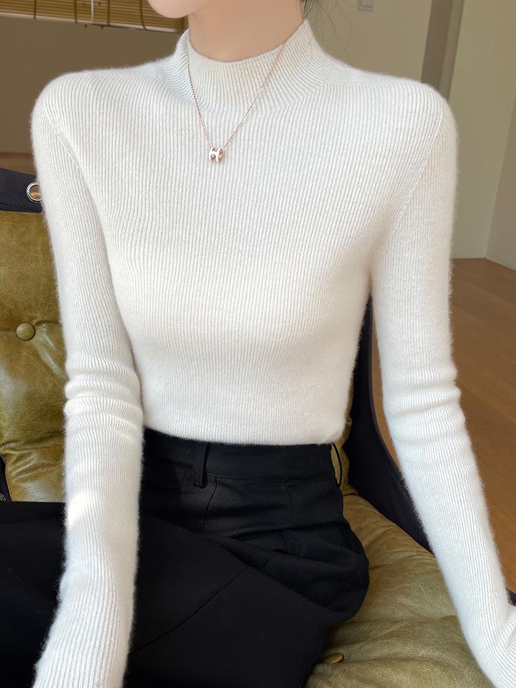 Women's Seamless Slimming Knit Top - Half-High Neck, Long Sleeve, Elegant Autumn/Winter Wool Innerwear