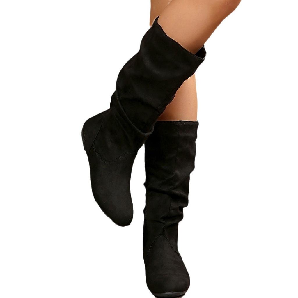 Pleated Design Slip on Western Boots for Woman Flat Suede Flock Thick Heels Cowboy Boots Woman Side Zipper Mid-calf Short Botas