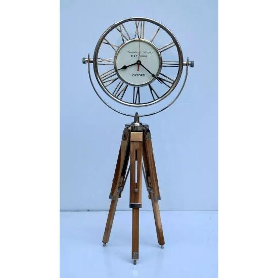 Orologio da Scrivania Nautico in Ottone Antico Supporto a Treppiede Regolabile in Legno Decorazione Marina