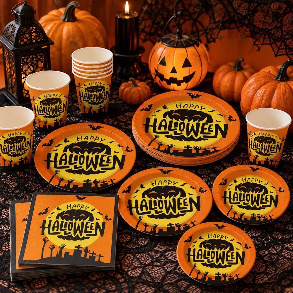 Pumpkin Pattern Disposable Plate Cup Set Decorative Disposable Utensils Set Home