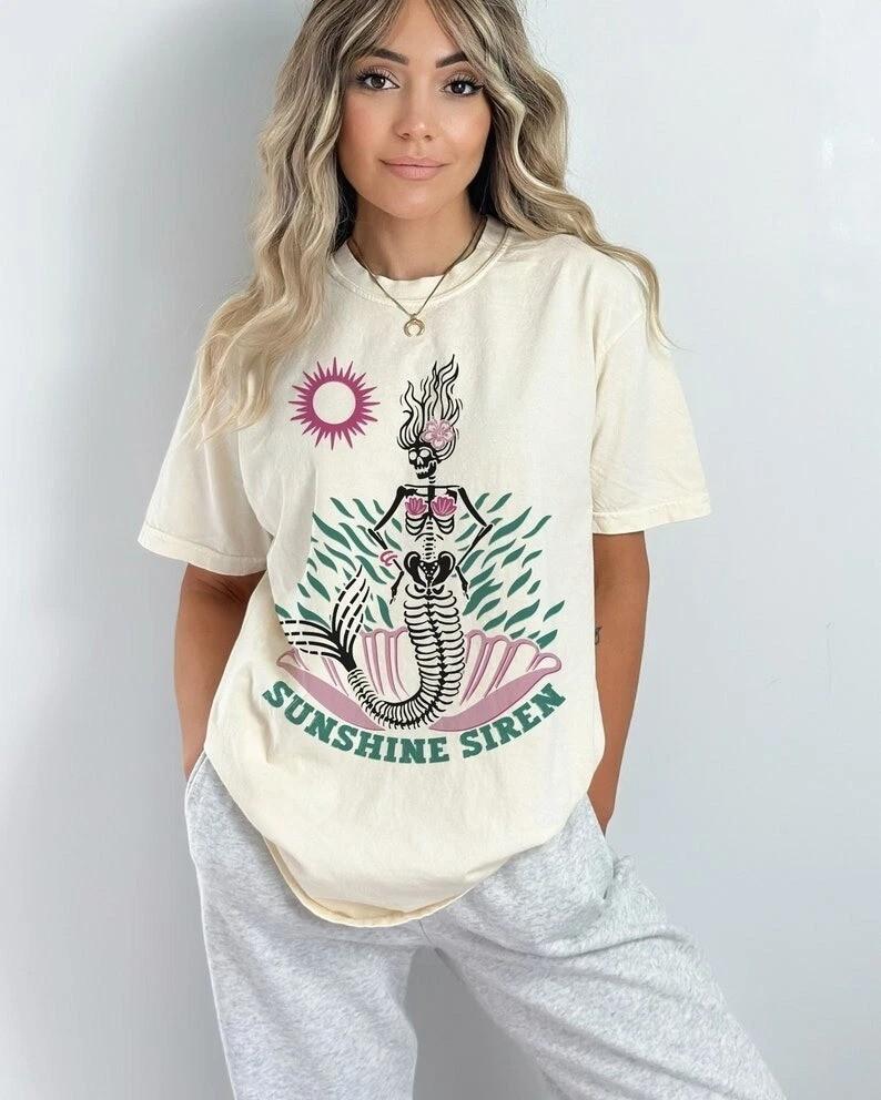 Sunshine Siren TShirt Skeleton Mermaid Coconut Girl Clothing L