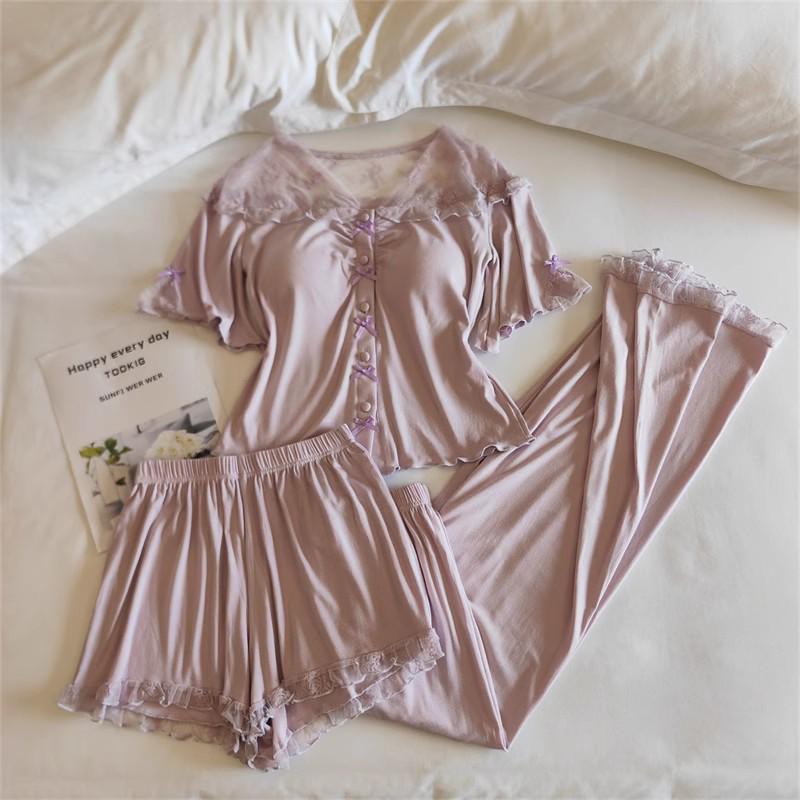 Women's Summer Modal Pajama Set with Chest Pad - Short Sleeve, Lightweight, for Spring and Autumn