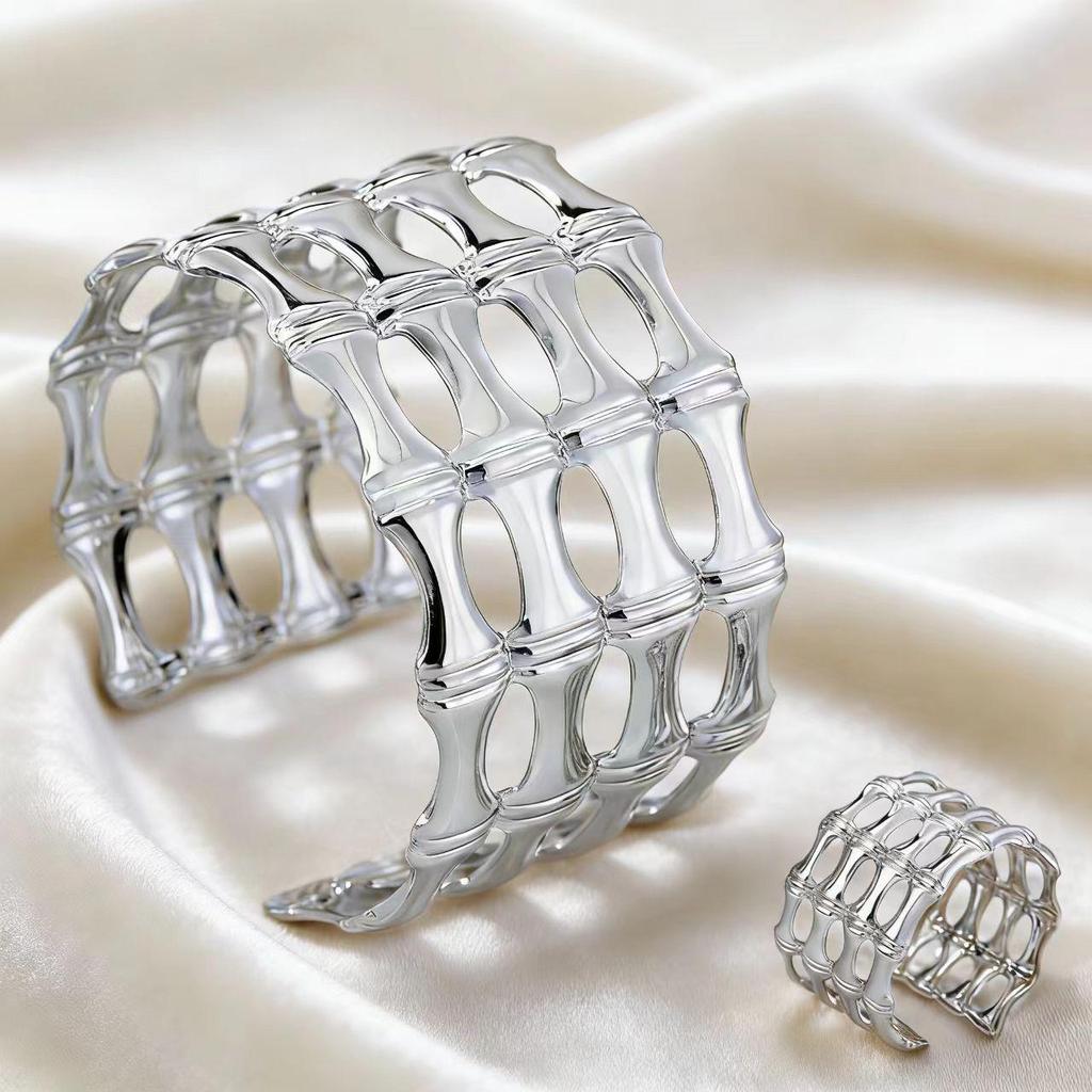 Geometric Multi-Layer Bamboo Joint Bracelet & Ring Set for Women - Trendy Wide Jewelry
