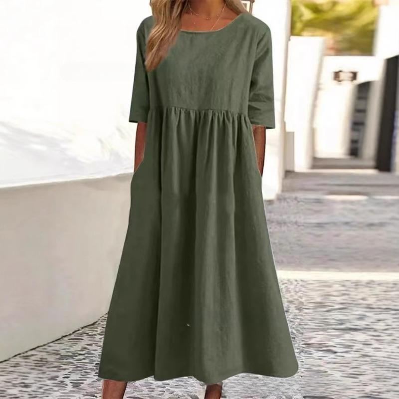 Women's Retro Cotton Linen Linen Patchwork Pleated Mid Sleeve Dress