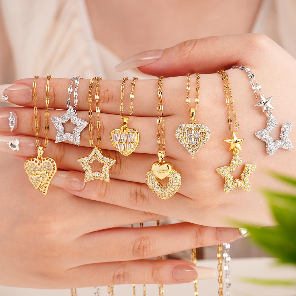 Luxury Fashion Bling Zircon Star Heart Pendant Necklace for Women Men Cool Stainless Steel Chain Jewelry Accessories Gifts