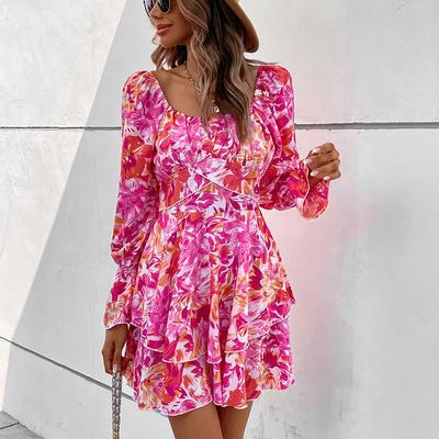 Damenmode Sommer Frühling Blumenmuster Druck Langarm Quadratischer Kragen Hohe Taille Freizeitkleider
