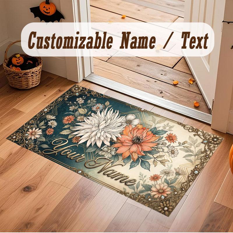 Floral Garden Theme Crystal Velvet Floor Rug Personalized Custom Name Text Warm Carpet Home Decoration