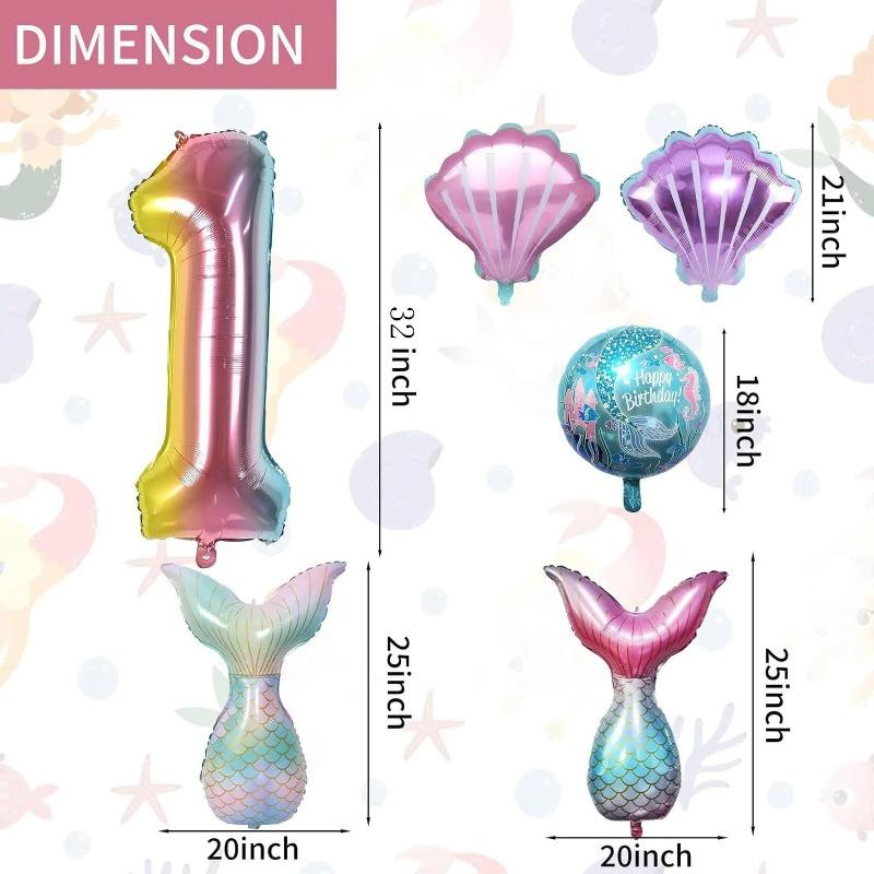 Meerjungfrauen-Mottoparty-Dekorationen Helium-Folienballons Schwanzdesigns Regenbogen-Zahlen Muschel-Akzente für Kindergeburtstag Babyparty