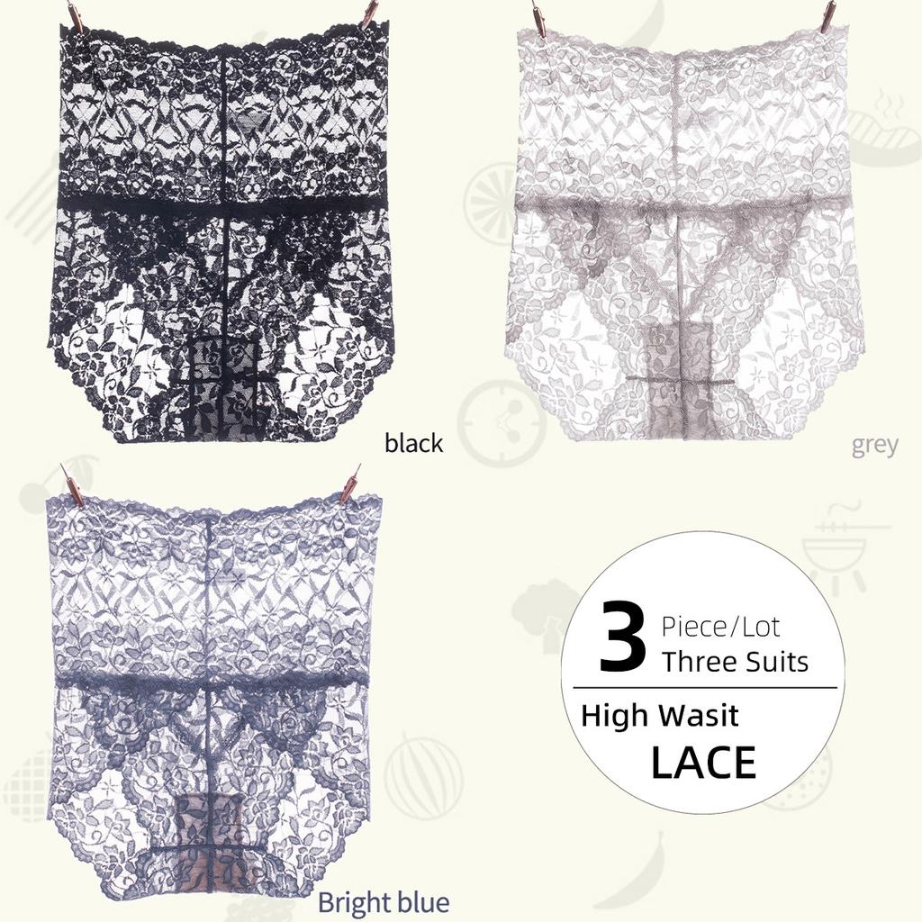 3Pieces/Lot High Waist Light Sexy Elastic Lace Women's Panties, Pure Cotton Crotch Comfortable Non-marking Breathable Lightweight Underwear Briefs