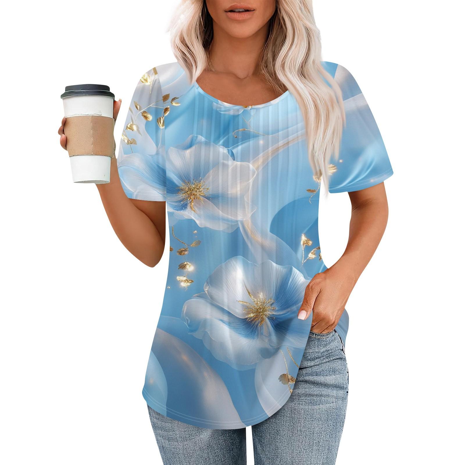 

Женская модная повседневная плиссированная футболка в полоску с круглым вырезом и цветочным принтом с короткими рукавами, топ L синий